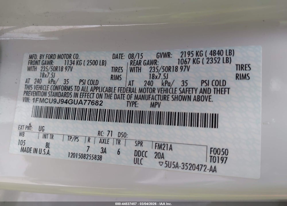 2016 FORD ESCAPE TITANIUM VIN: 1FMCU9J94GUA77682