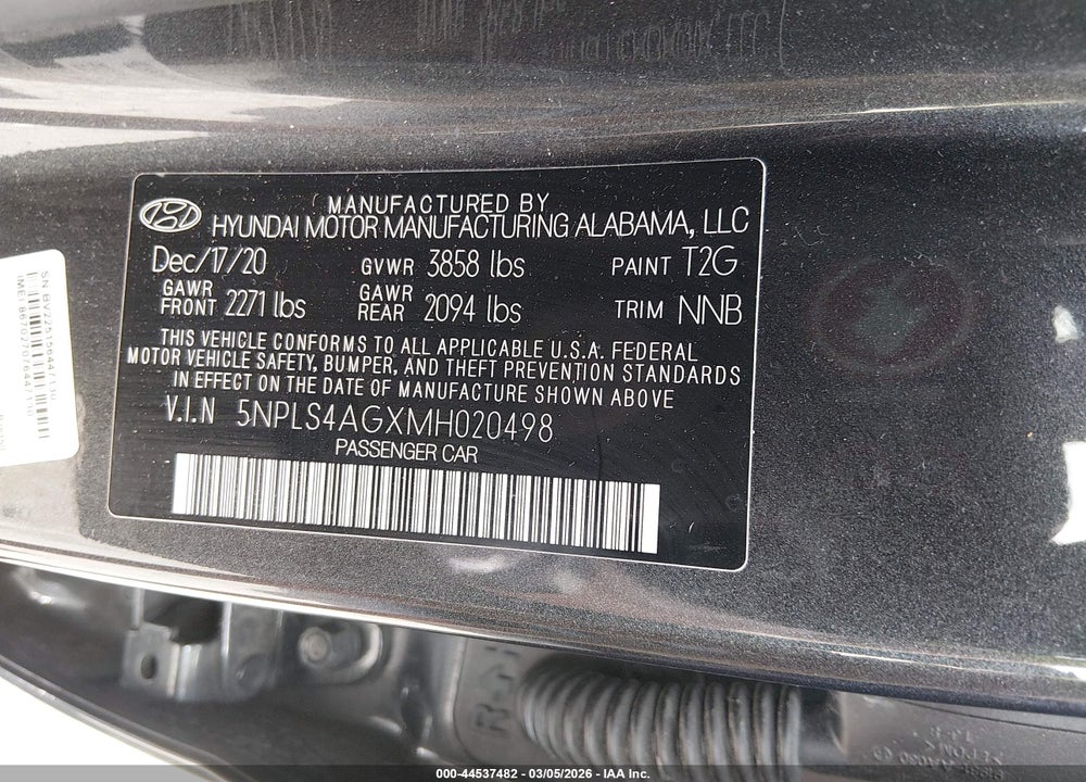 2021 HYUNDAI ELANTRA SEL VIN: 5NPLS4AGXMH020498