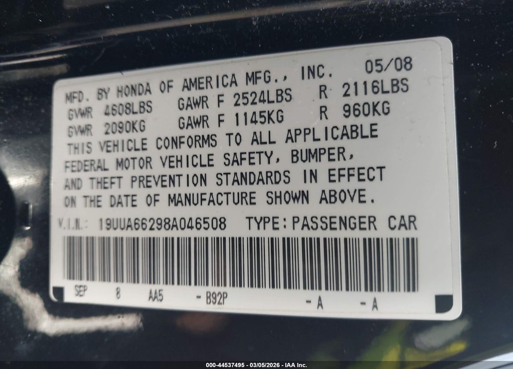 2008 ACURA TL 3.2 VIN: 19UUA66298A046508