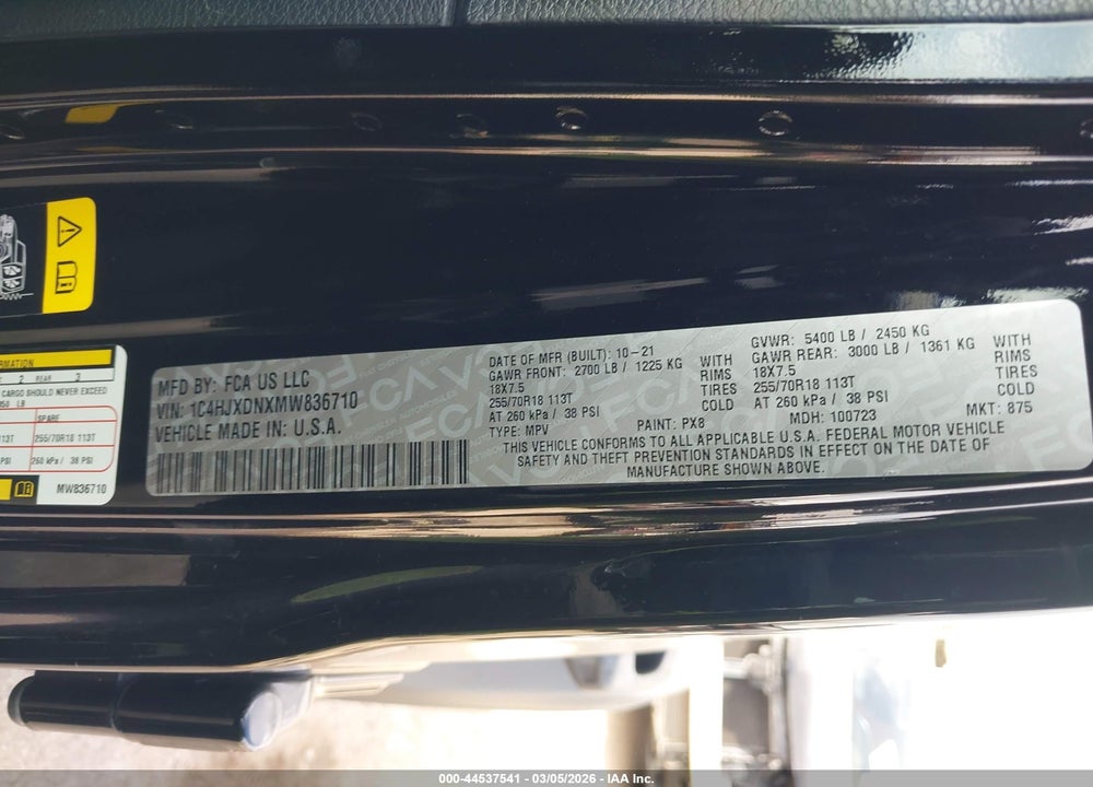 2021 JEEP WRANGLER UNLIMITED SPORT ALTITUDE 4X4 VIN: 1C4HJXDNXMW836710