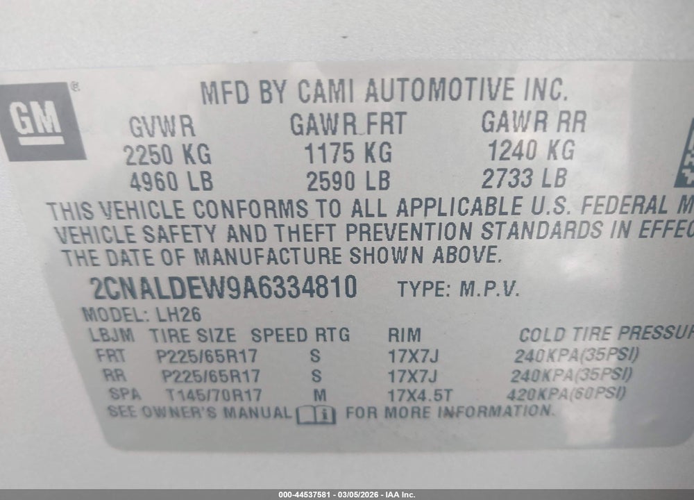 2010 CHEVROLET EQUINOX LT VIN: 2CNALDEW9A6334810
