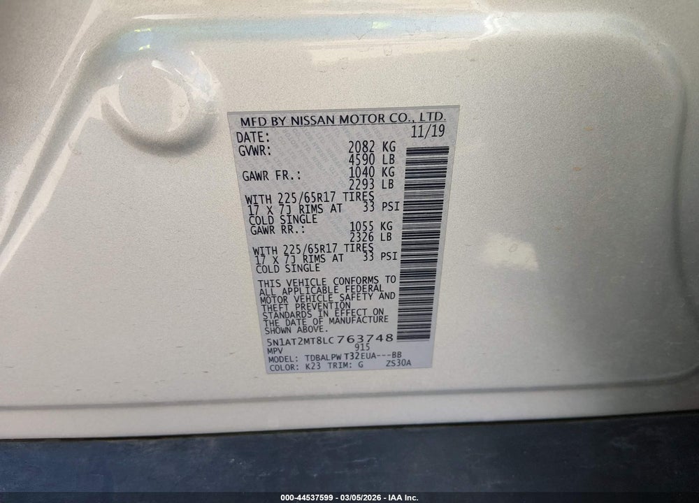 2020 NISSAN ROGUE S FWD VIN: 5N1AT2MT8LC763748