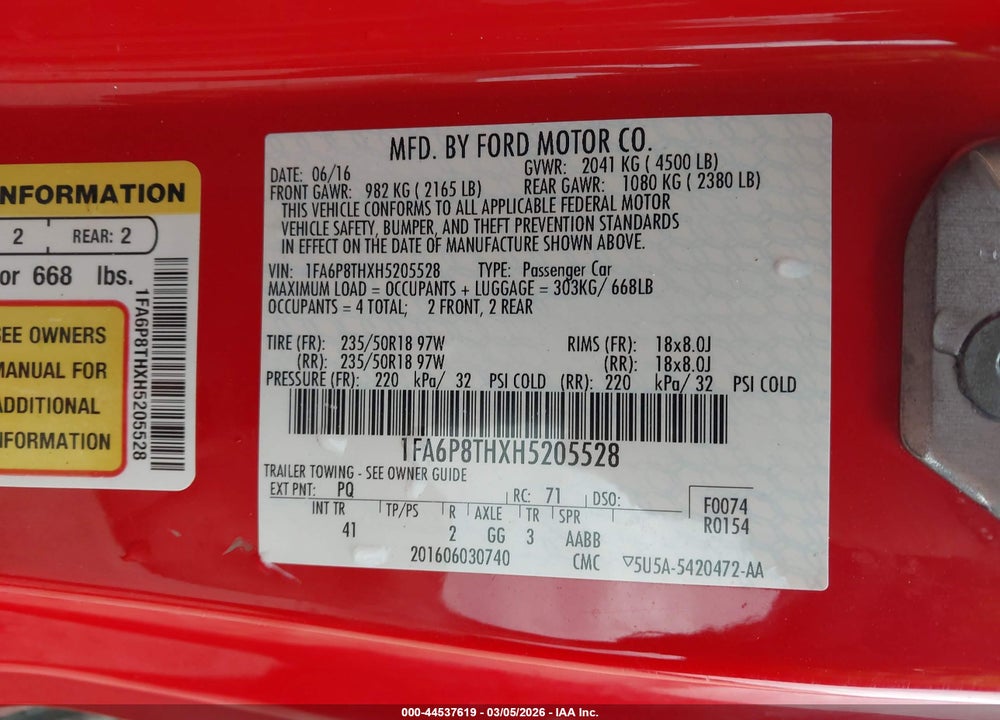 2017 FORD MUSTANG ECOBOOST VIN: 1FA6P8THXH5205528