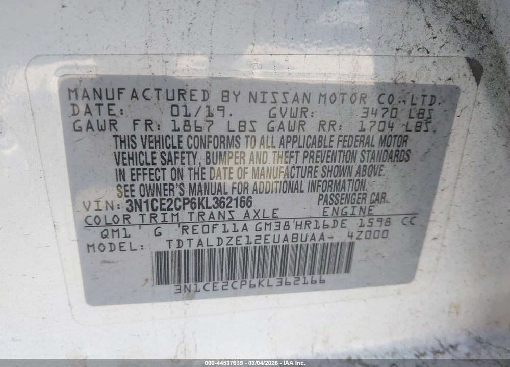 2019 NISSAN VERSA NOTE SV VIN: 3N1CE2CP6KL362166