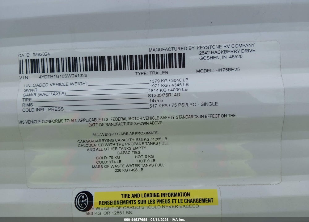2025 KEYSTONE RV OTHER VIN: 4YDTH1G16SW241326