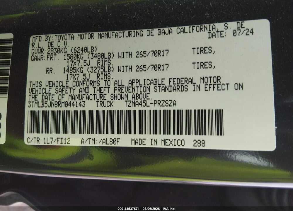 2024 TOYOTA TACOMA TRD OFF ROAD VIN: 3TMLB5JN8RM044143