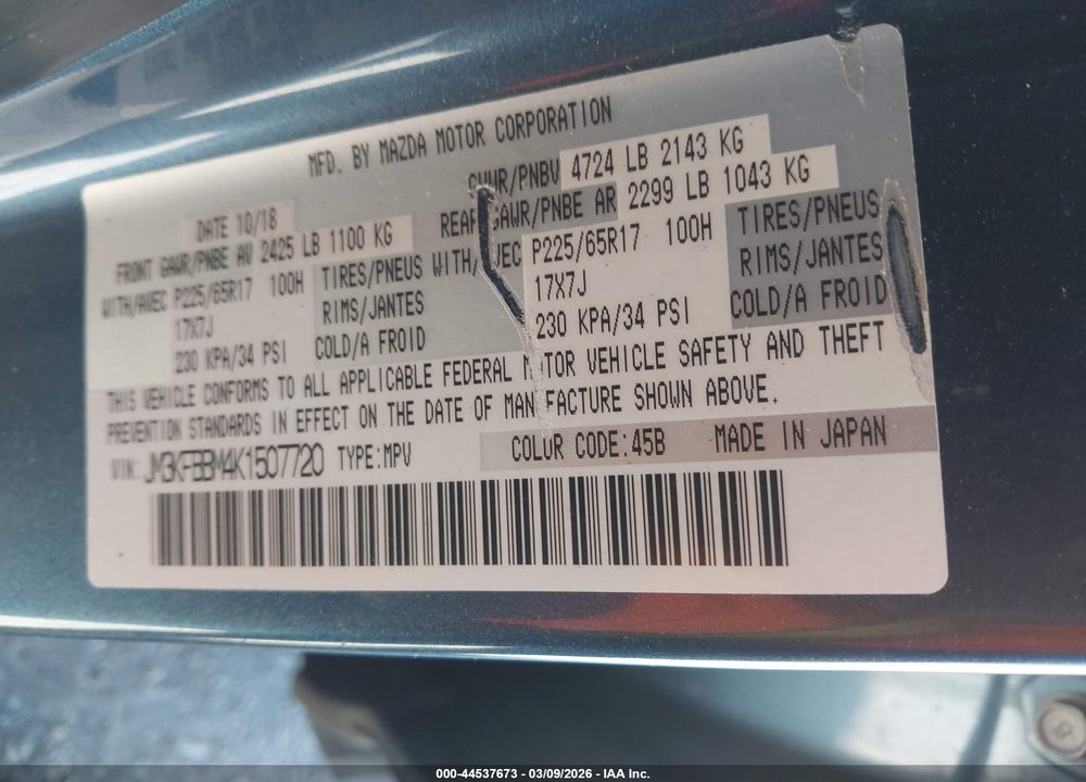 2019 MAZDA CX-5 SPORT VIN: JM3KFBBM4K1507720