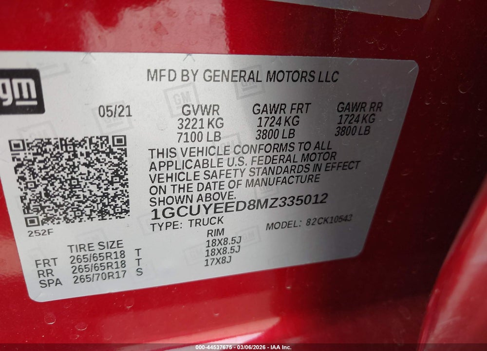 2021 CHEVROLET SILVERADO 1500 4WD  SHORT BED RST VIN: 1GCUYEED8MZ335012
