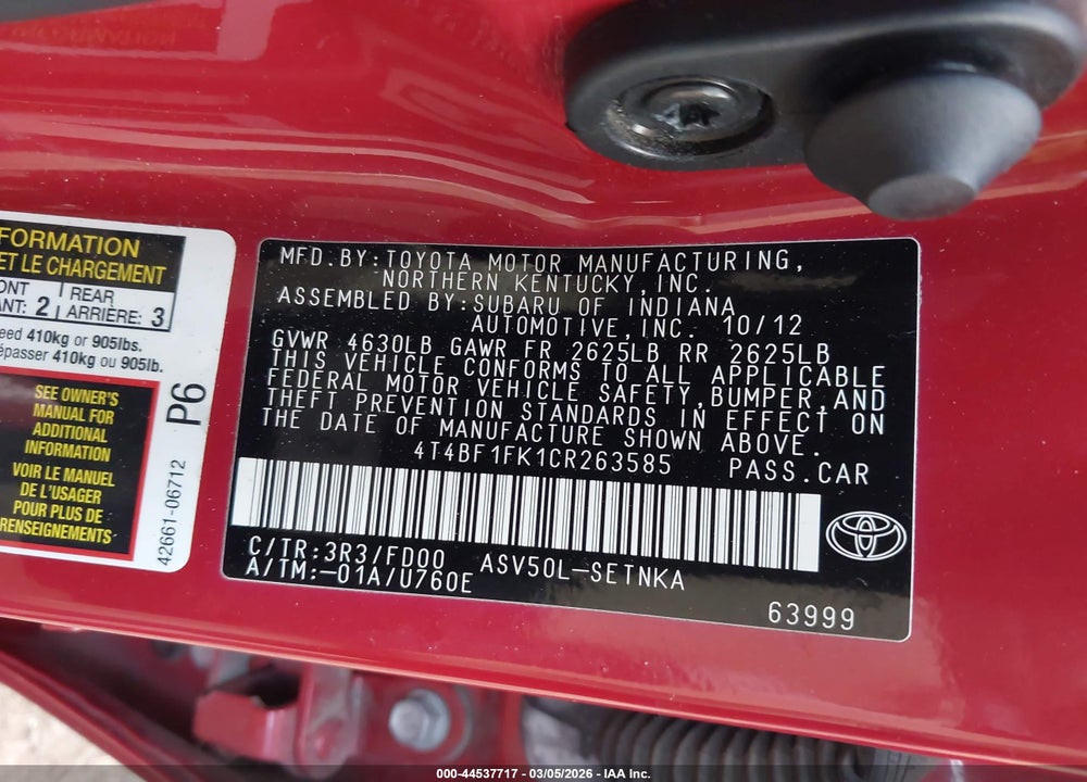 2012 TOYOTA CAMRY LE VIN: 4T4BF1FK1CR263585