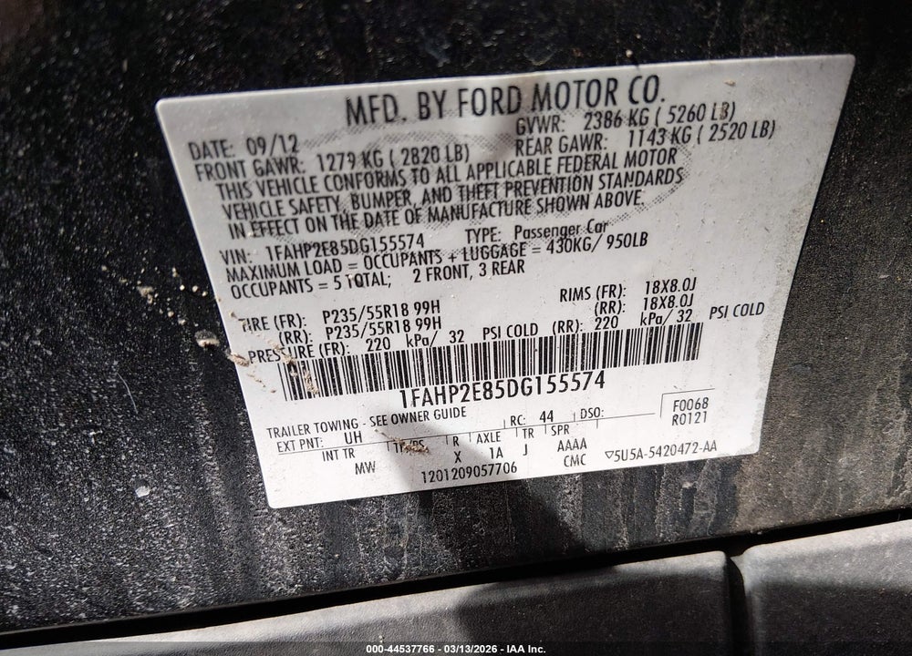 2013 FORD TAURUS SEL VIN: 1FAHP2E85DG155574