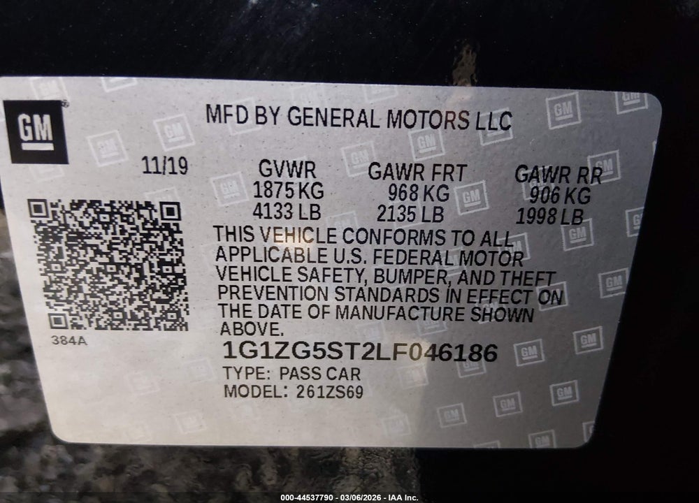 2020 CHEVROLET MALIBU FWD RS VIN: 1G1ZG5ST2LF046186