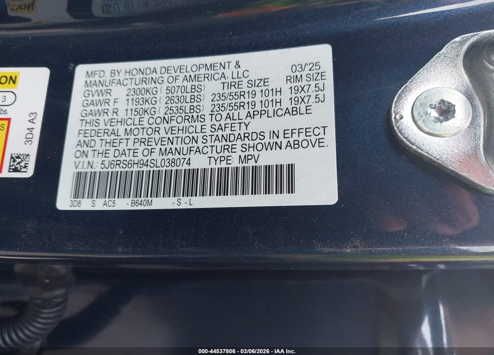 2025 HONDA CR-V HYBRID SPORT TOURING VIN: 5J6RS6H94SL038074