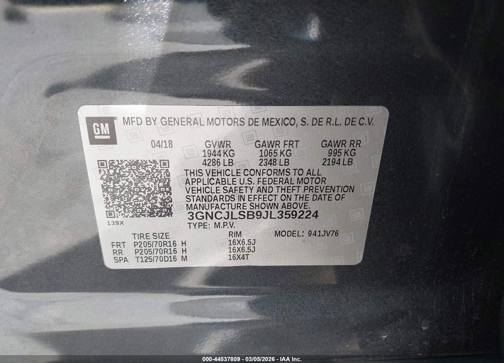2018 CHEVROLET TRAX LT VIN: 3GNCJLSB9JL359224