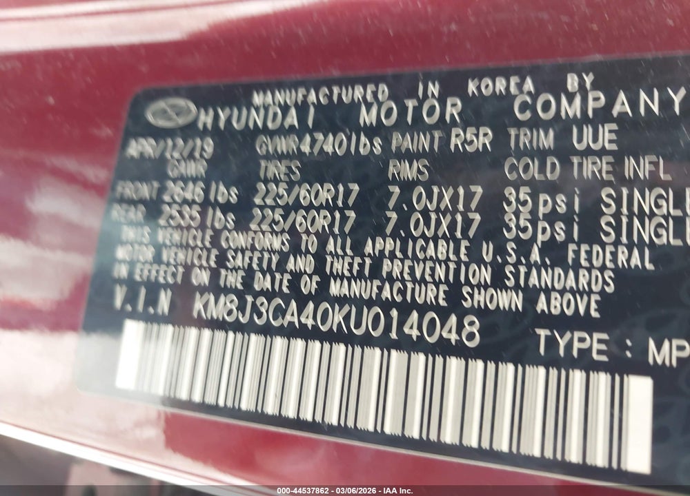 2019 HYUNDAI TUCSON VALUE VIN: KM8J3CA40KU014048