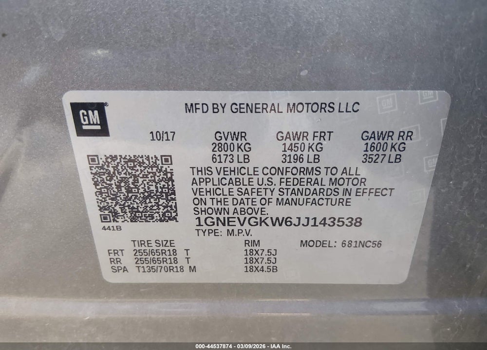 2018 CHEVROLET TRAVERSE 1LT VIN: 1GNEVGKW6JJ143538