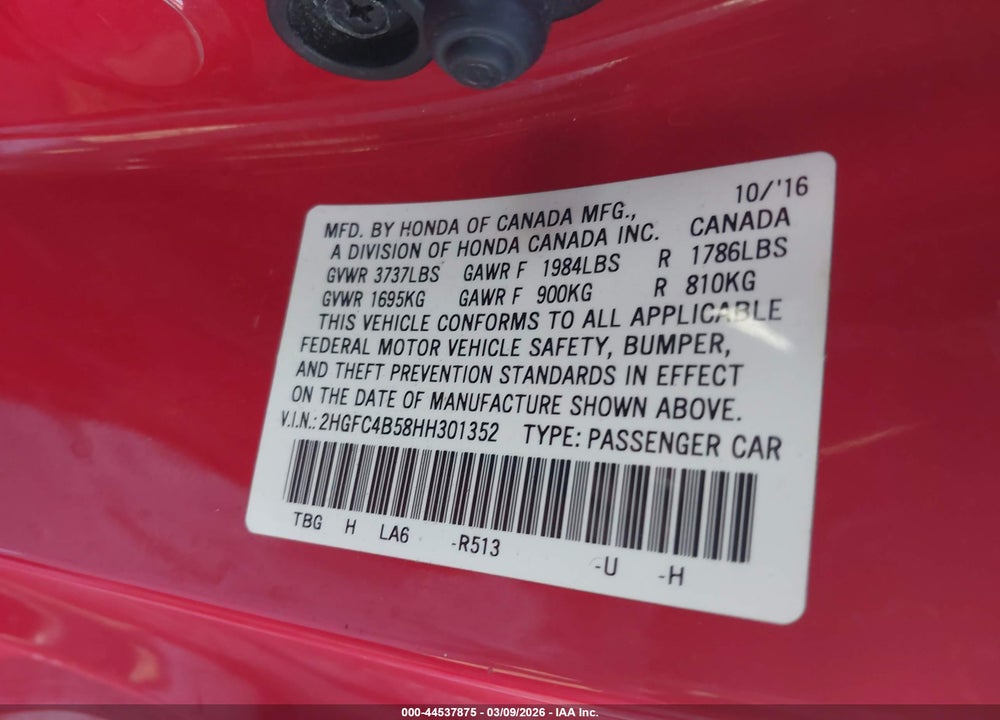2017 HONDA CIVIC LX VIN: 2HGFC4B58HH301352