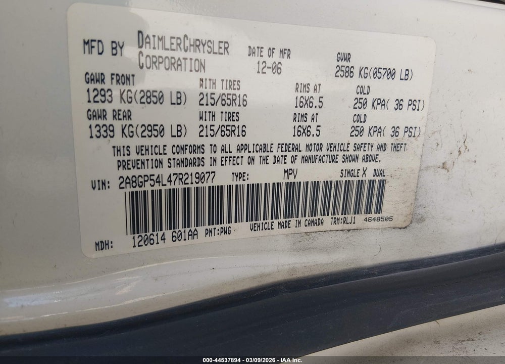 2007 CHRYSLER TOWN & COUNTRY TOURING VIN: 2A8GP54L47R219077