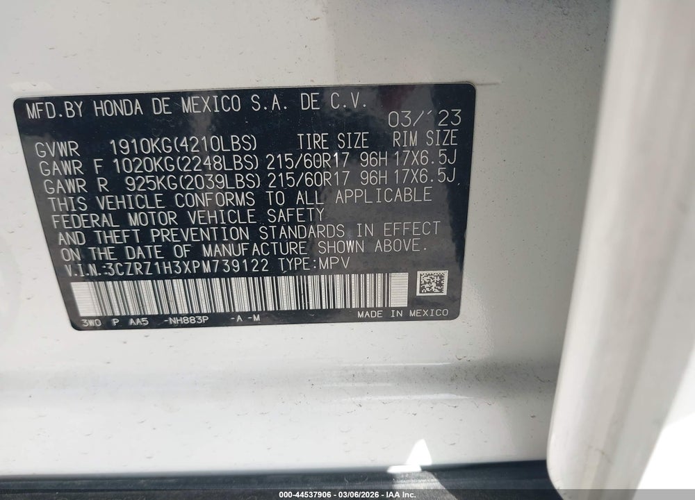 2023 HONDA HR-V 2WD LX VIN: 3CZRZ1H3XPM739122