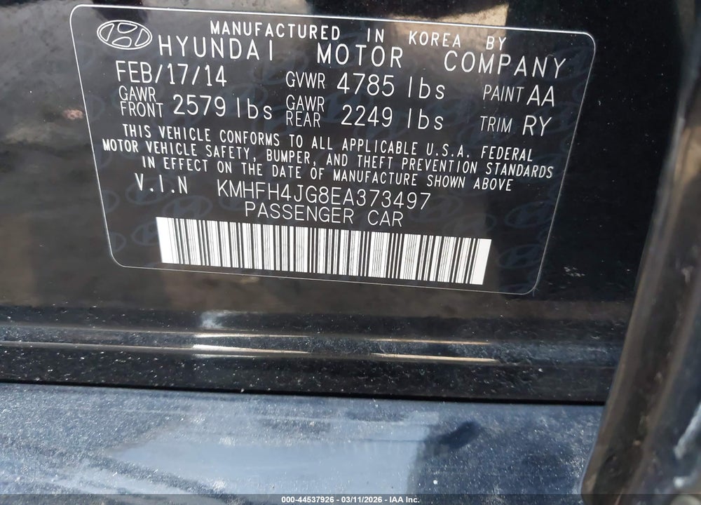 2014 HYUNDAI AZERA LIMITED VIN: KMHFH4JG8EA373497