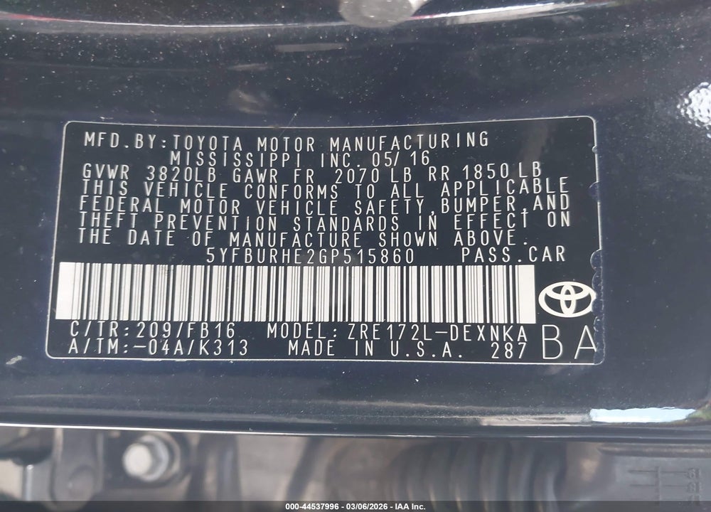 2016 TOYOTA COROLLA LE VIN: 5YFBURHE2GP515860