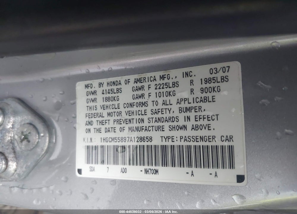 2007 HONDA ACCORD 2.4 EX VIN: 1HGCM55897A128658