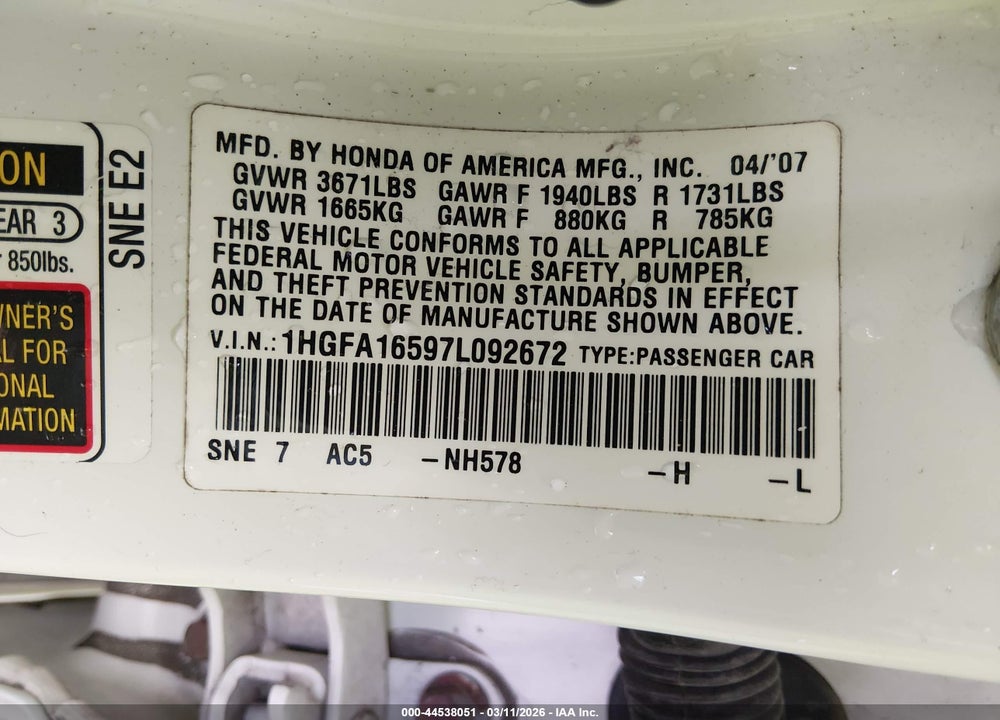 2007 HONDA CIVIC LX VIN: 1HGFA16597L092672