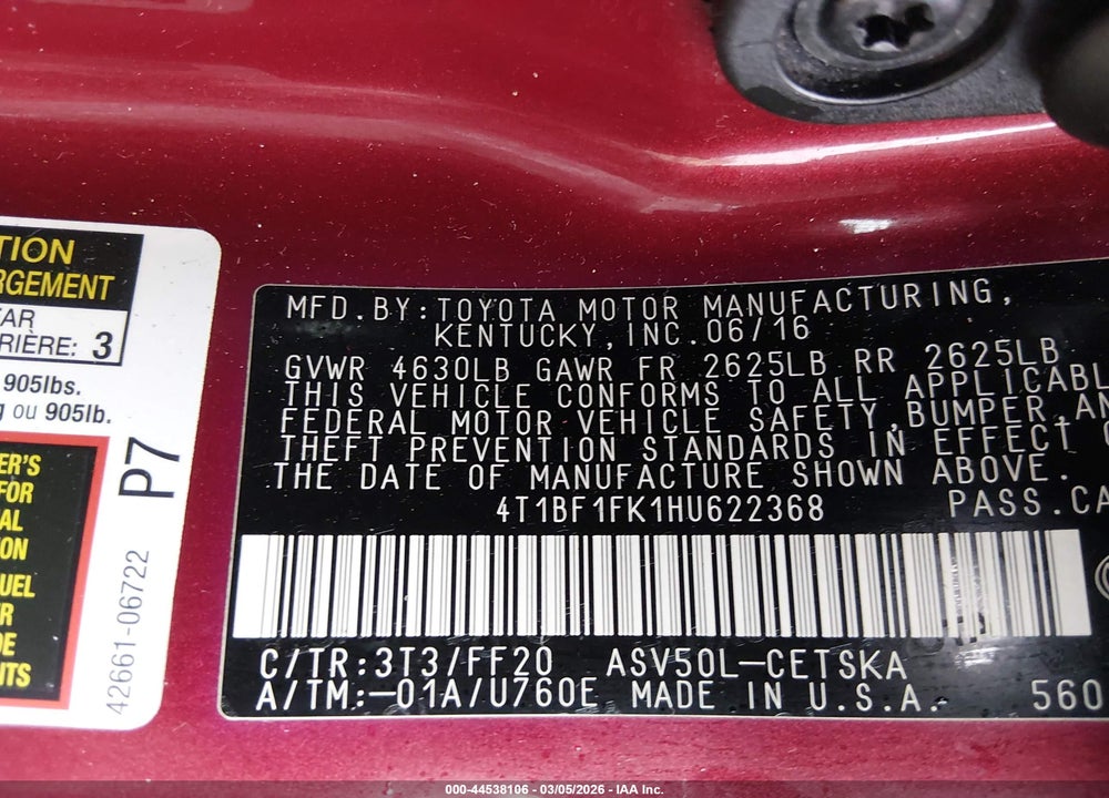2017 TOYOTA CAMRY VIN: 4T1BF1FK1HU622368