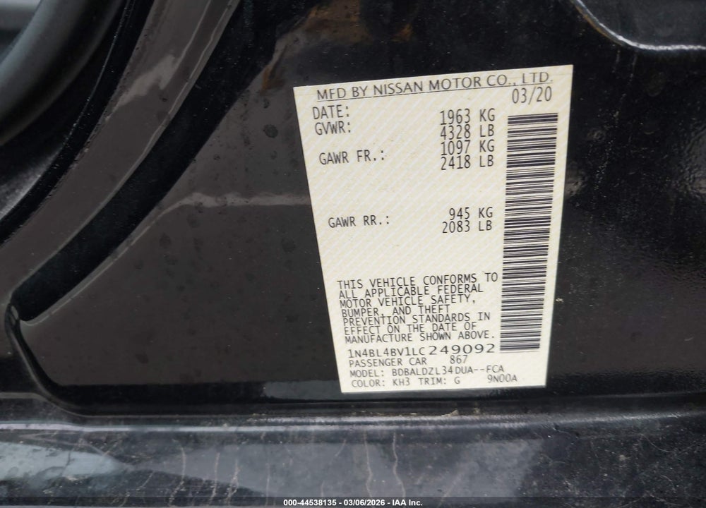 2020 NISSAN ALTIMA S FWD VIN: 1N4BL4BV1LC249092