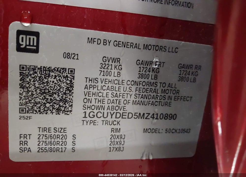 2021 CHEVROLET SILVERADO 1500 4WD  SHORT BED LT VIN: 1GCUYDED5MZ410890