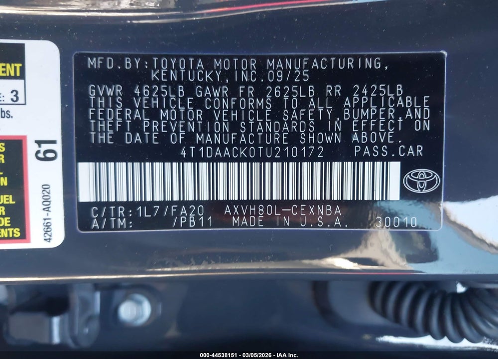 2026 TOYOTA CAMRY LE VIN: 4T1DAACK0TU210172