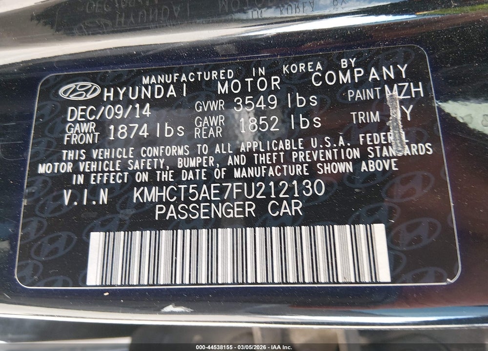 2015 HYUNDAI ACCENT GS VIN: KMHCT5AE7FU212130
