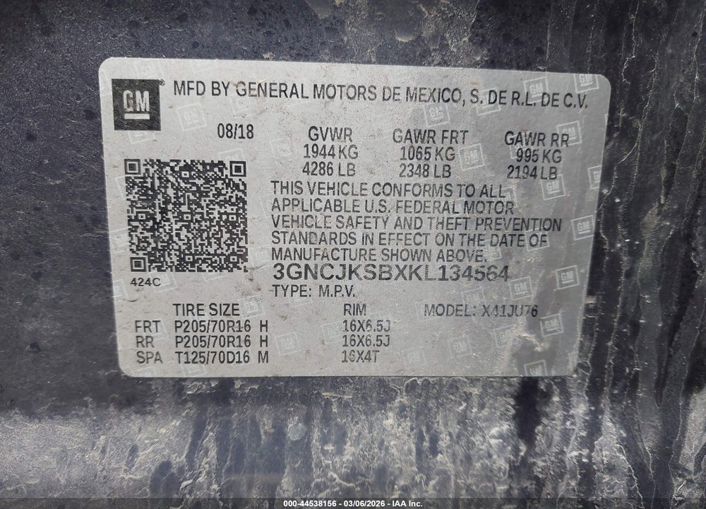 2019 CHEVROLET TRAX LS VIN: 3GNCJKSBXKL134564