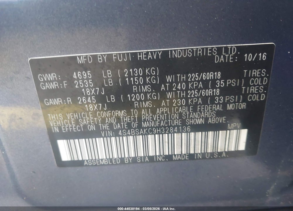 2017 SUBARU OUTBACK 2.5I LIMITED VIN: 4S4BSAKC9H3284136