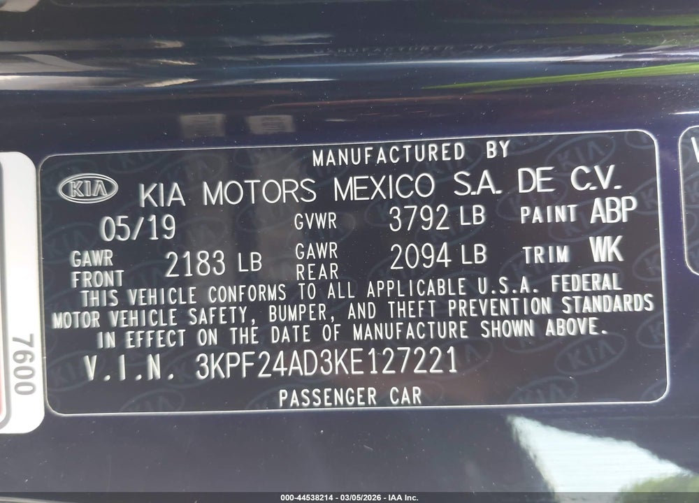 2019 KIA FORTE FE VIN: 3KPF24AD3KE127221
