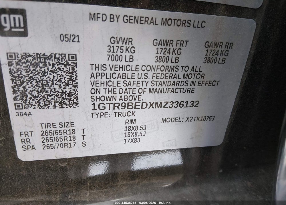 2021 GMC SIERRA 1500 4WD  STANDARD BOX SLE VIN: 1GTR9BEDXMZ336132