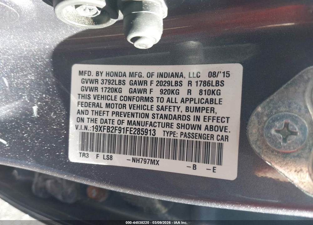 2015 HONDA CIVIC EX-L VIN: 19XFB2F91FE285913