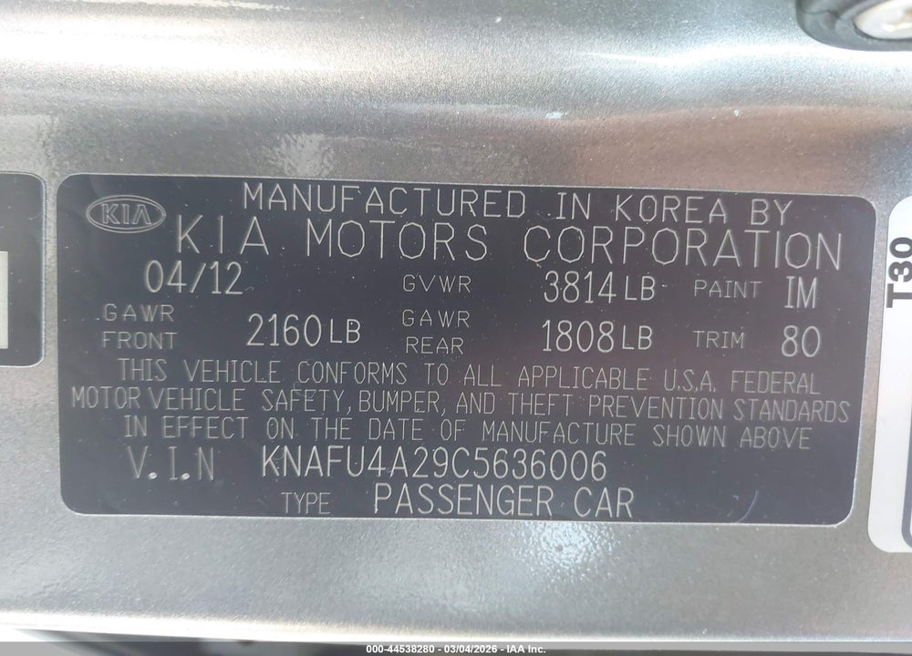 2012 KIA FORTE EX VIN: KNAFU4A29C5636006