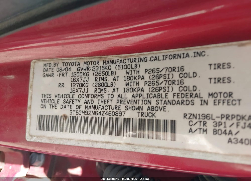 2004 TOYOTA TACOMA PRERUNNER VIN: 5TEGM92N64Z460897