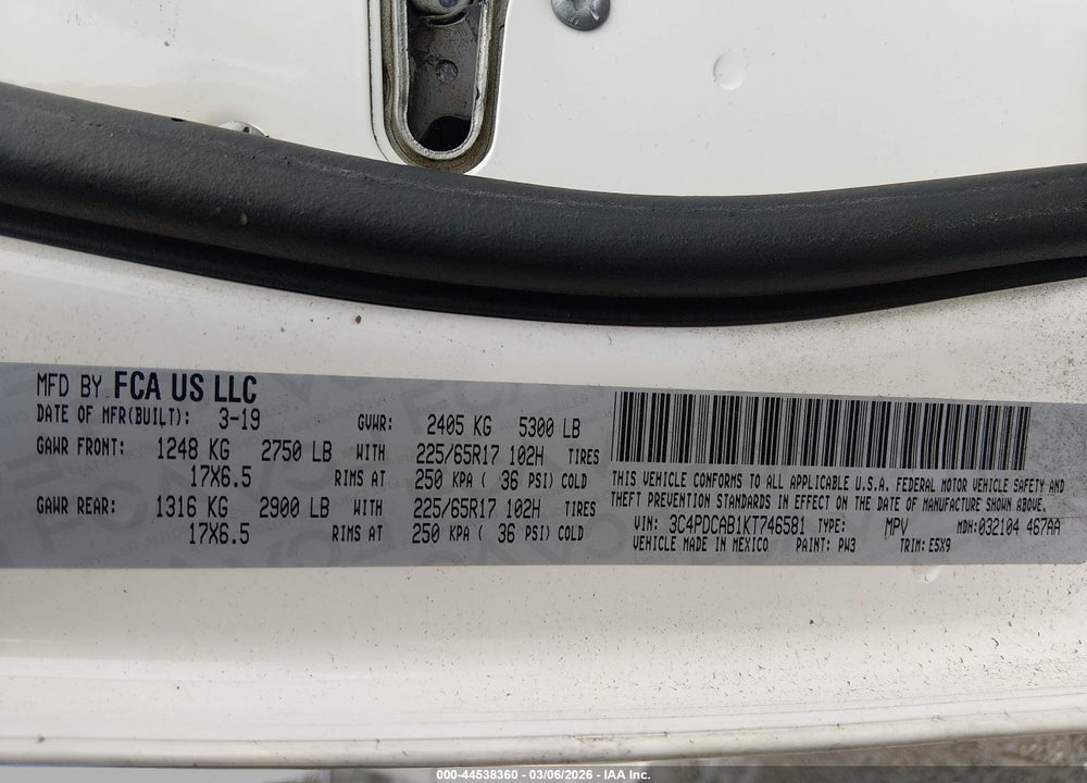 2019 DODGE JOURNEY SE VALUE PACKAGE VIN: 3C4PDCAB1KT746581