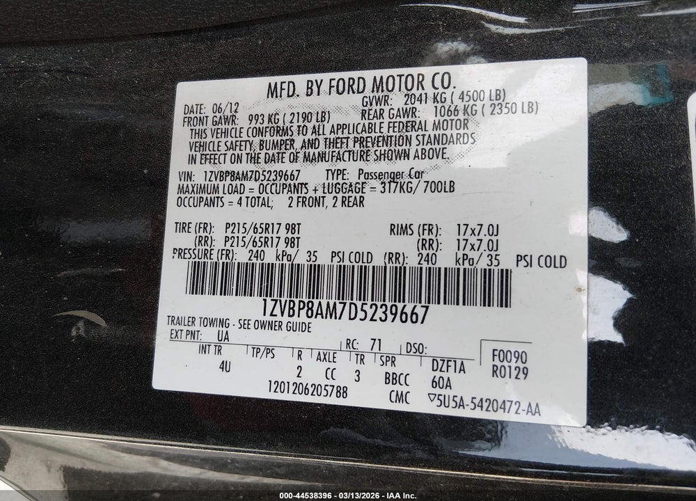 2013 FORD MUSTANG V6 PREMIUM VIN: 1ZVBP8AM7D5239667