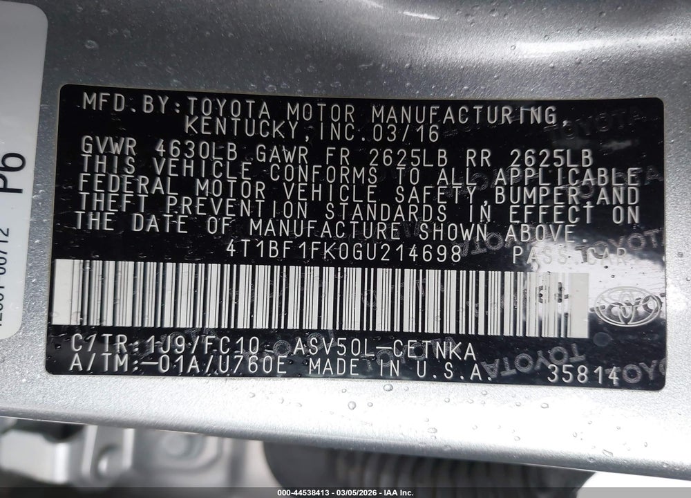 2016 TOYOTA CAMRY LE VIN: 4T1BF1FK0GU214698
