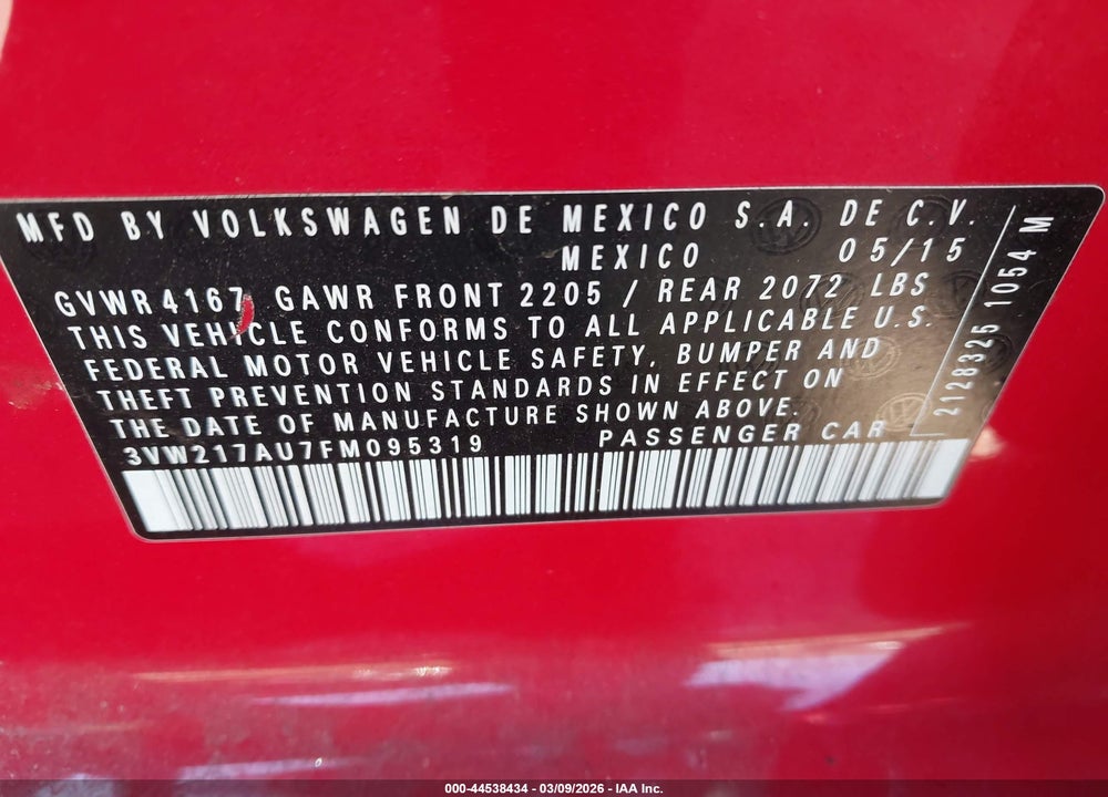 2015 VOLKSWAGEN GOLF TSI S 4-DOOR VIN: 3VW217AU7FM095319