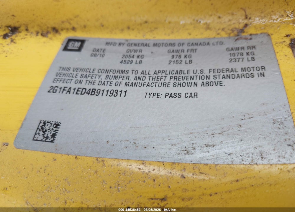 2011 CHEVROLET CAMARO 2LS VIN: 2G1FA1ED4B9119311