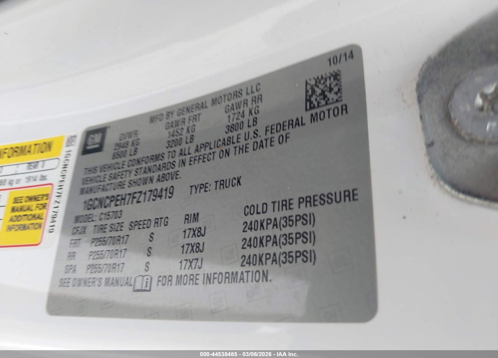 2015 CHEVROLET SILVERADO 1500 LS VIN: 1GCNCPEH7FZ179419