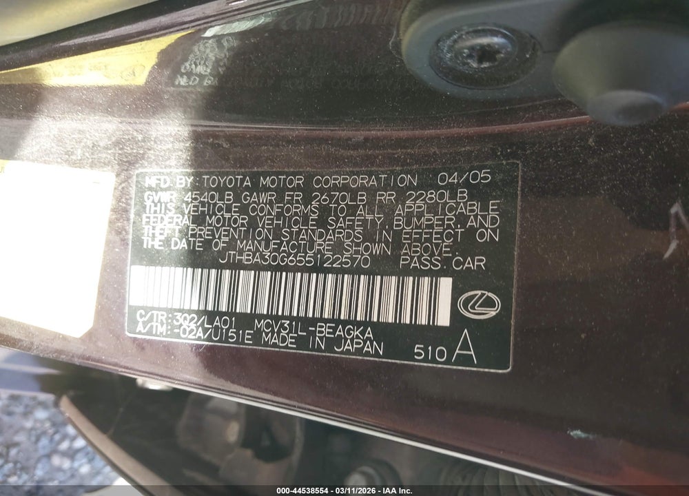 2005 LEXUS ES 330 VIN: JTHBA30G655122570