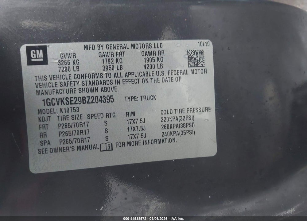 2011 CHEVROLET SILVERADO 1500 LT VIN: 1GCVKSE29BZ204395