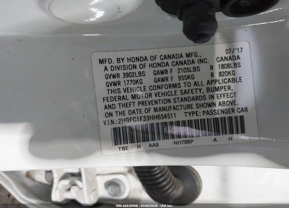 2017 HONDA CIVIC EX-T VIN: 2HGFC1F33HH654511