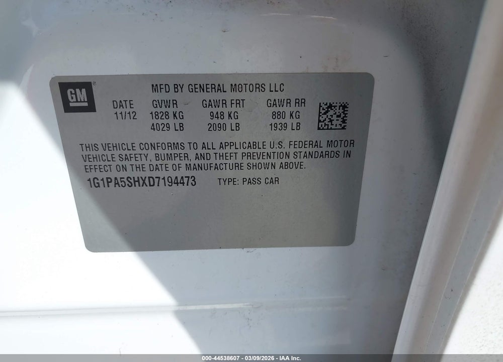 2013 CHEVROLET CRUZE LS AUTO VIN: 1G1PA5SHXD7194473