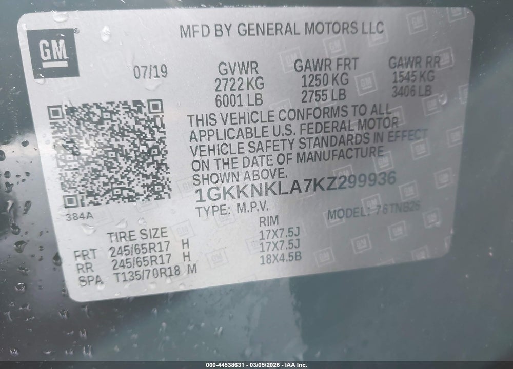 2019 GMC ACADIA SLE-1 VIN: 1GKKNKLA7KZ299936
