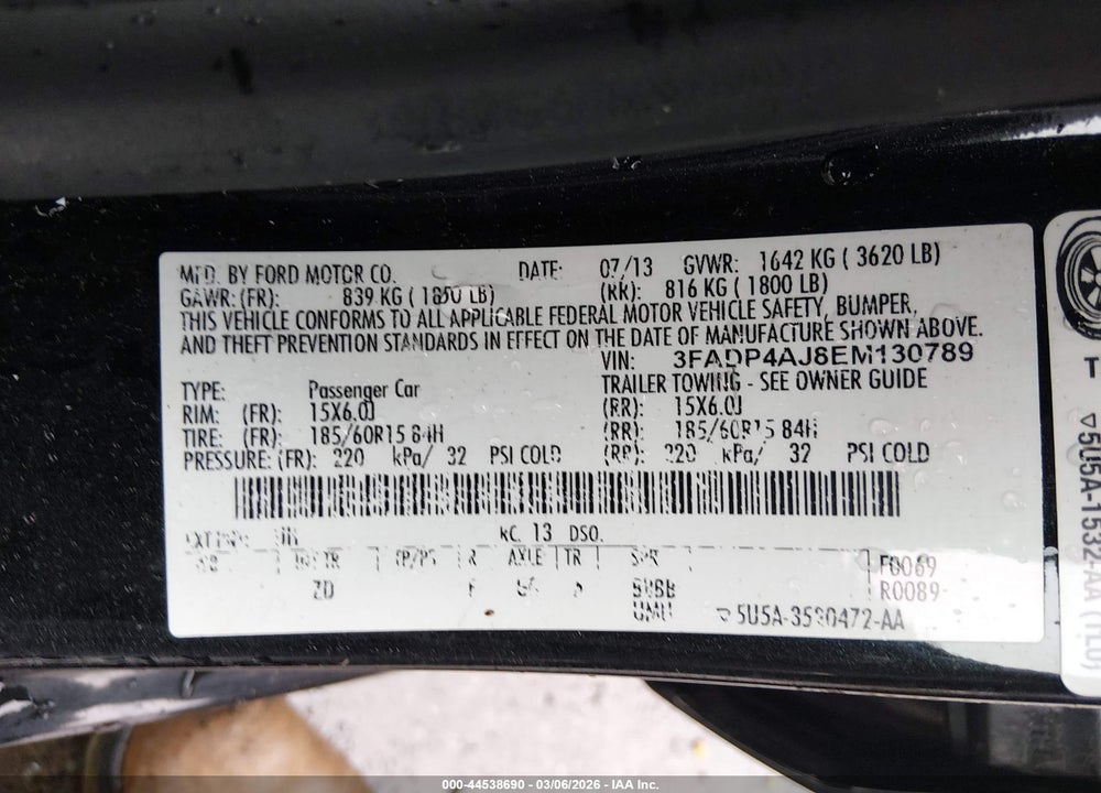 2014 FORD FIESTA S VIN: 3FADP4AJ8EM130789
